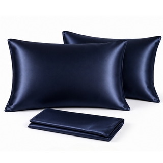 Paire de Taies d'Oreiller en Satin Effet Soie Bleu Nuit